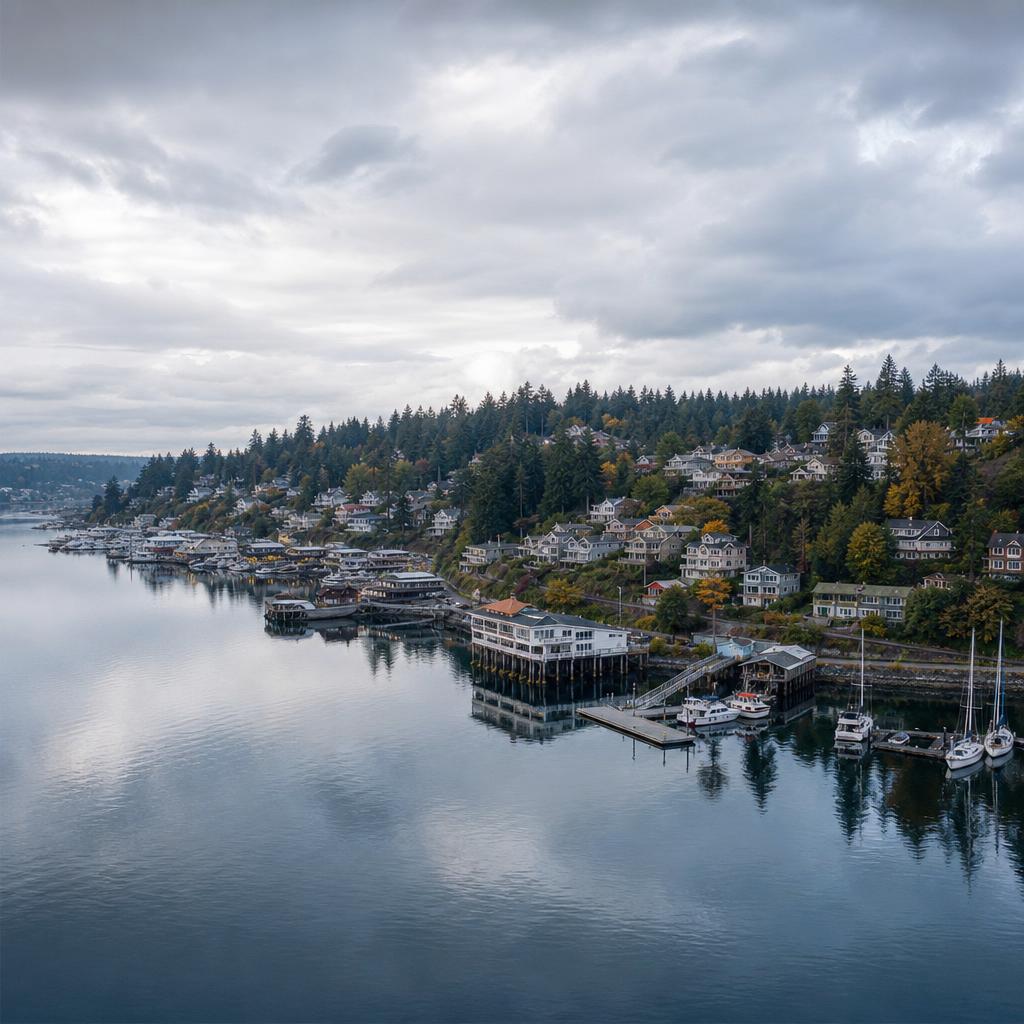 Aerial view over the Point Fosdick area toward the Tacoma Narrows